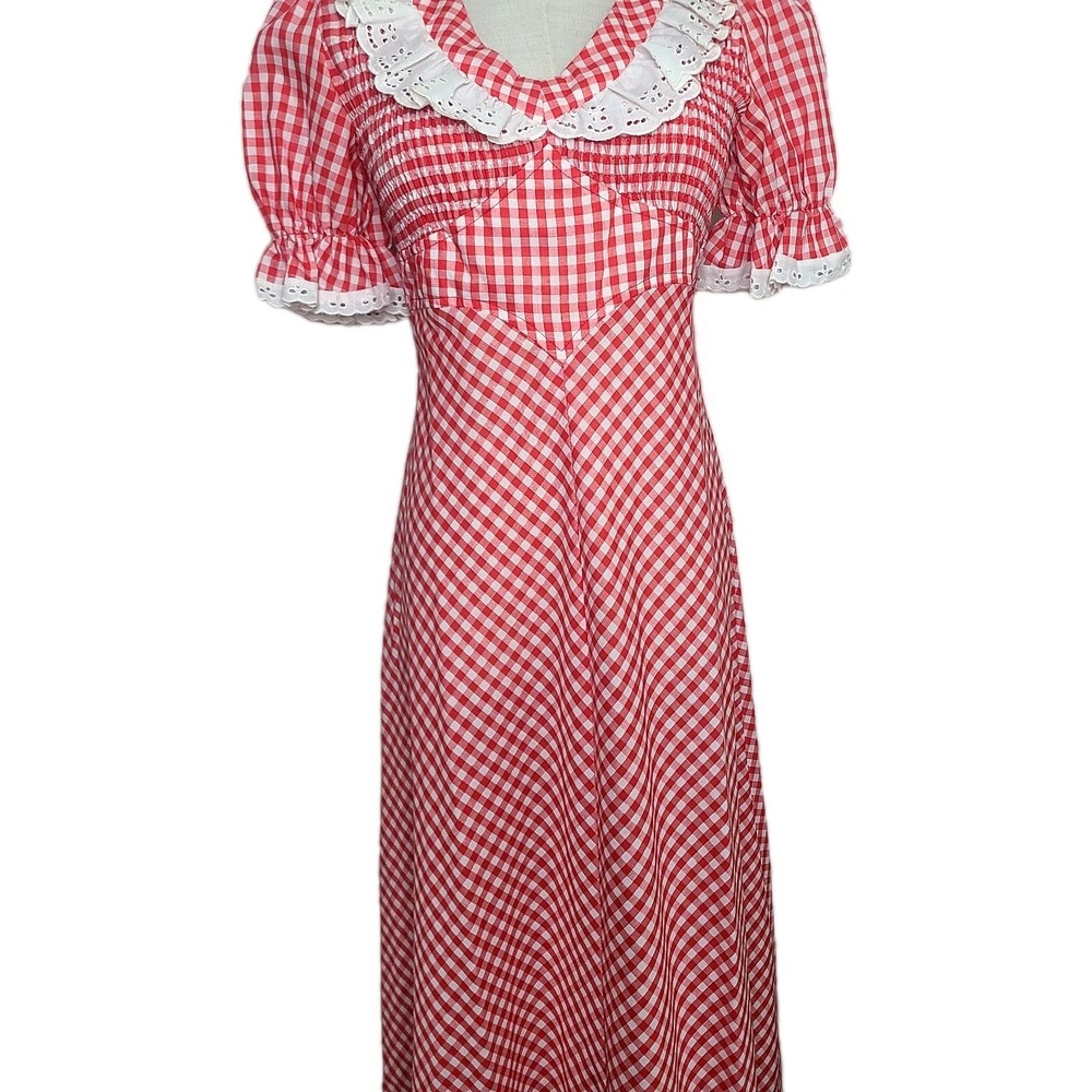 Vtg Jody T Of California Red Gingham Maxi Cottage Prarie‎ Puff Sleeve Dress 70s - Picture 3 of 8